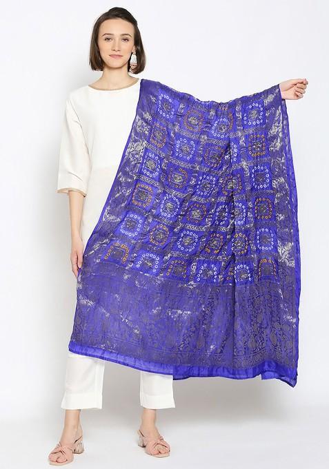 Blue And Silver Toned Gharchola Banarasi Silk Bandhani Dupatta