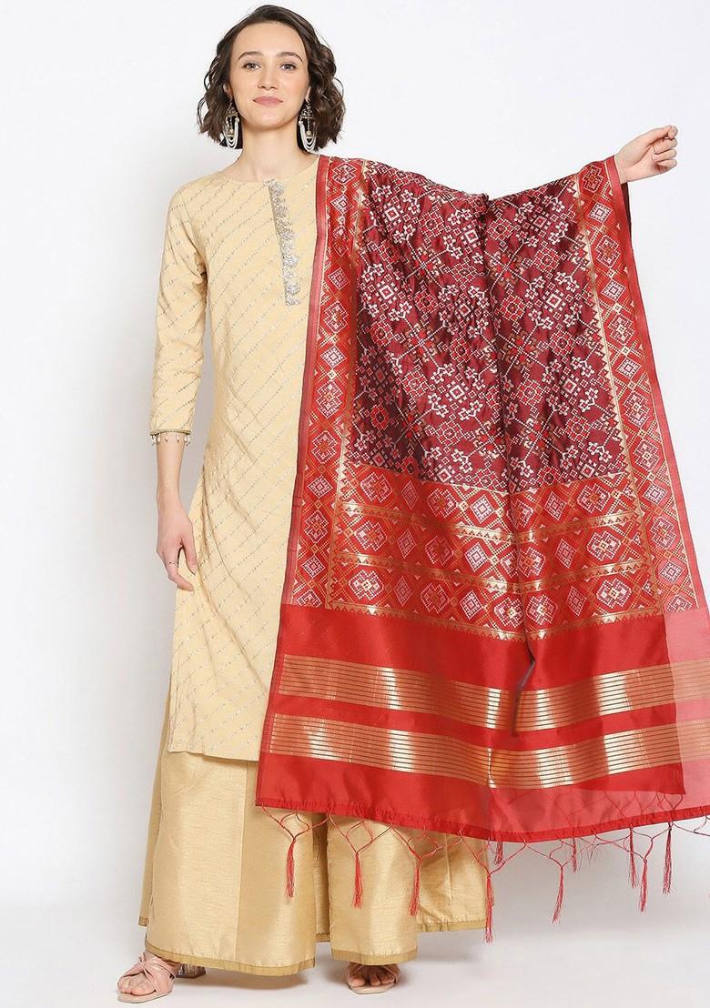 Women Maroon Woven Banarasi Silk Dupatta