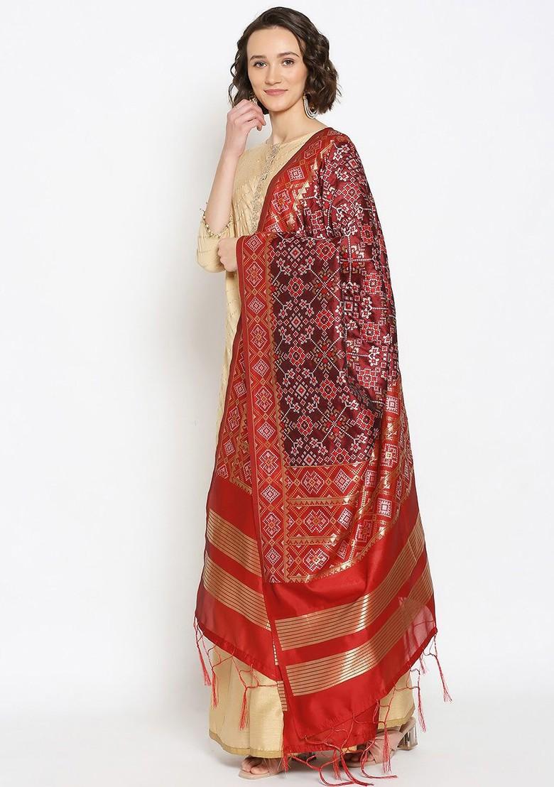 Women Maroon Woven Banarasi Silk Dupatta