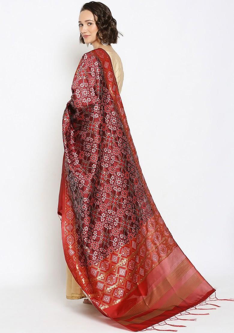 Women Maroon Woven Banarasi Silk Dupatta
