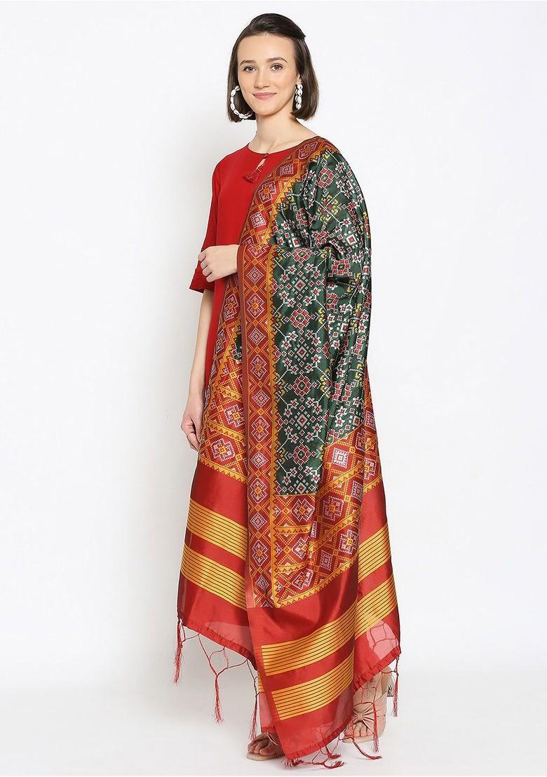 Green And Red Ethnic Motifs Woven Design Dupatta