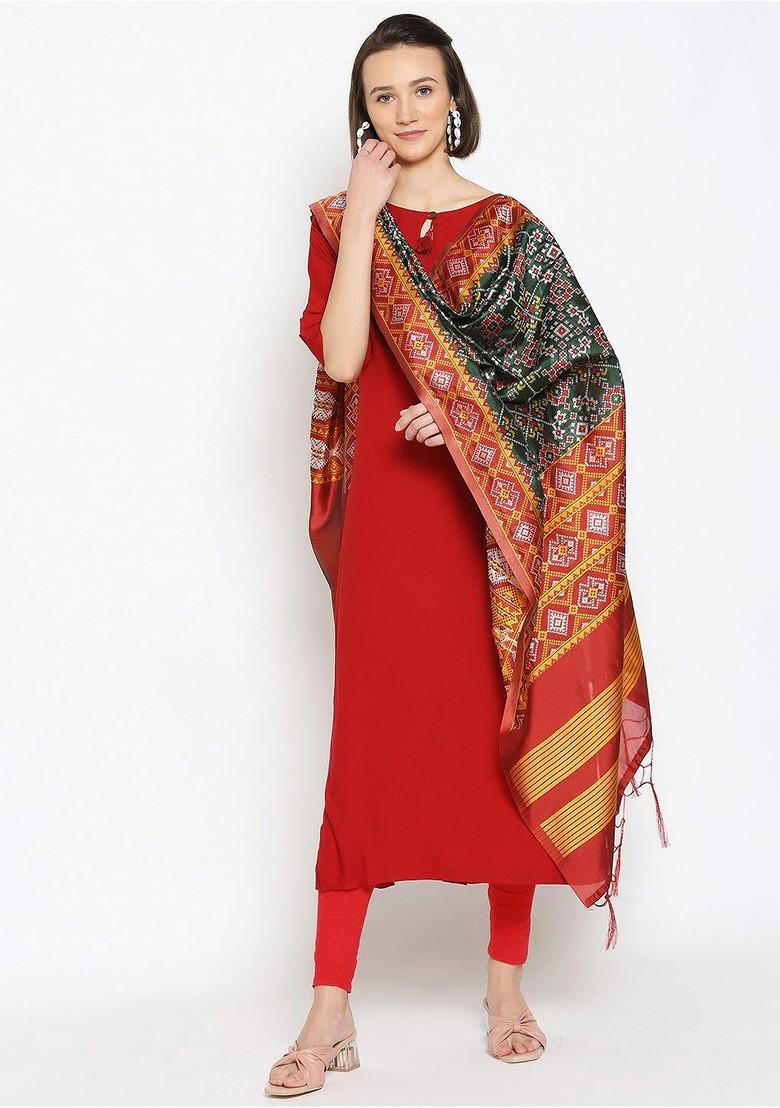 Green And Red Ethnic Motifs Woven Design Dupatta