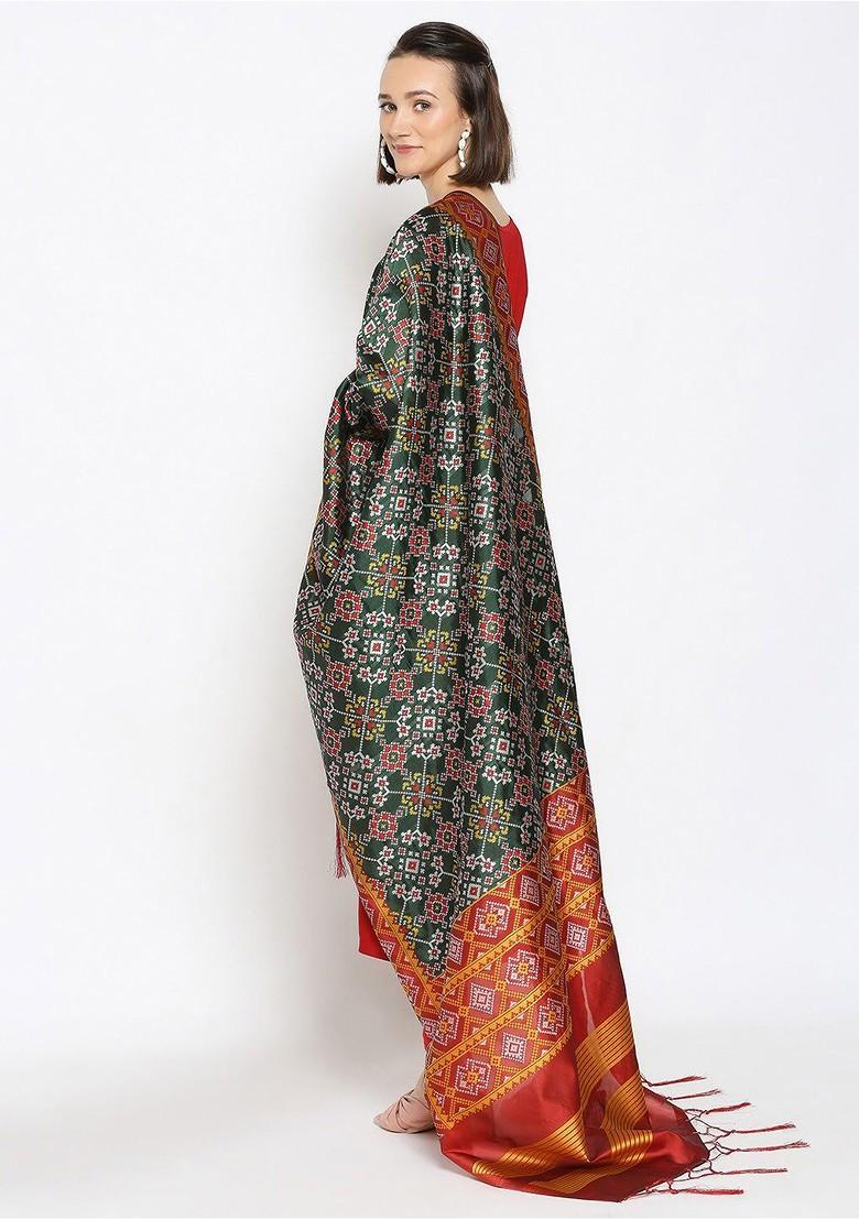 Green And Red Ethnic Motifs Woven Design Dupatta