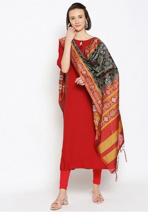 Green And Red Ethnic Motifs Woven Design Dupatta