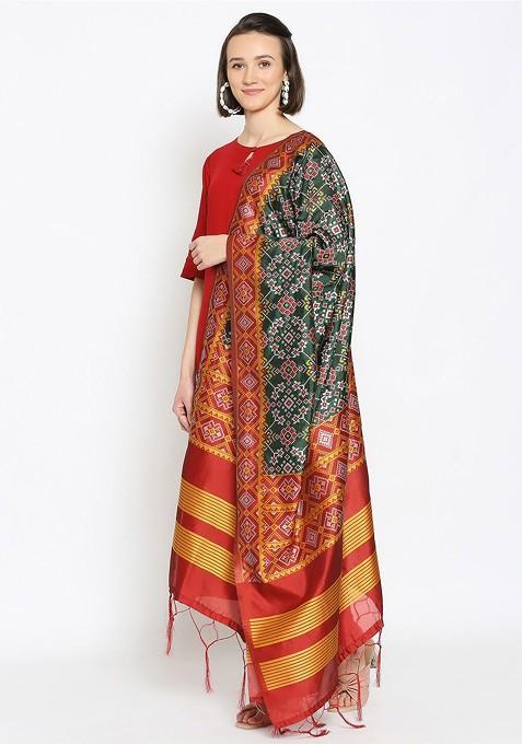 Green And Red Ethnic Motifs Woven Design Dupatta