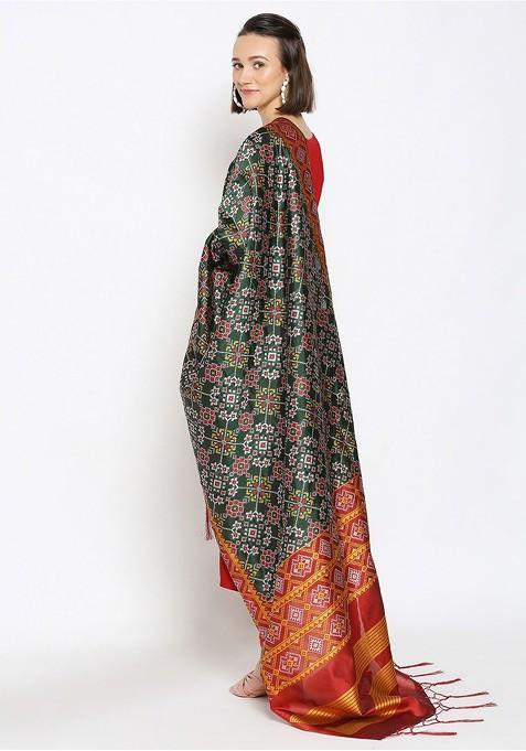 Green And Red Ethnic Motifs Woven Design Dupatta