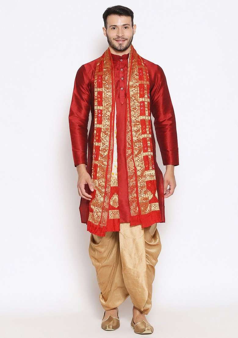 Men White And Red Woven Design Banarasi Gharchola Dupatta - Indya