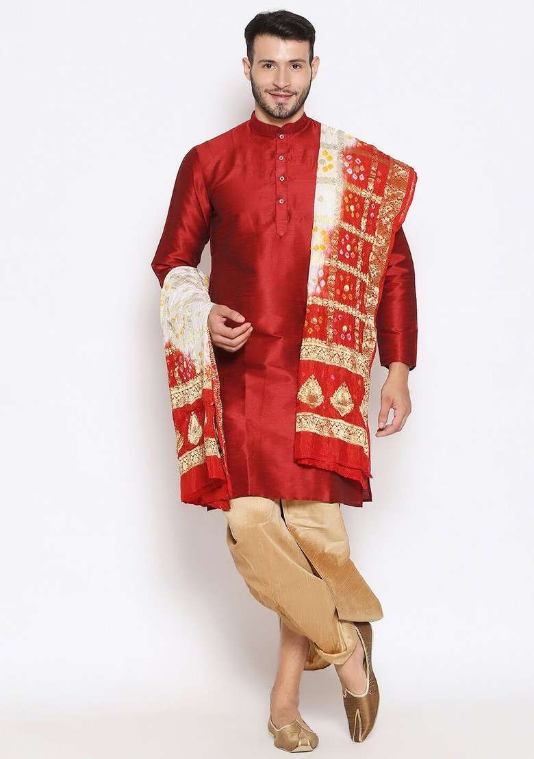 Men White And Red Woven Design Banarasi Gharchola Dupatta - Indya