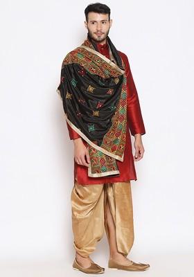 Men Black And Gold Coloured Ethnic Motifs Embroidered Dupatta With Phulkari
