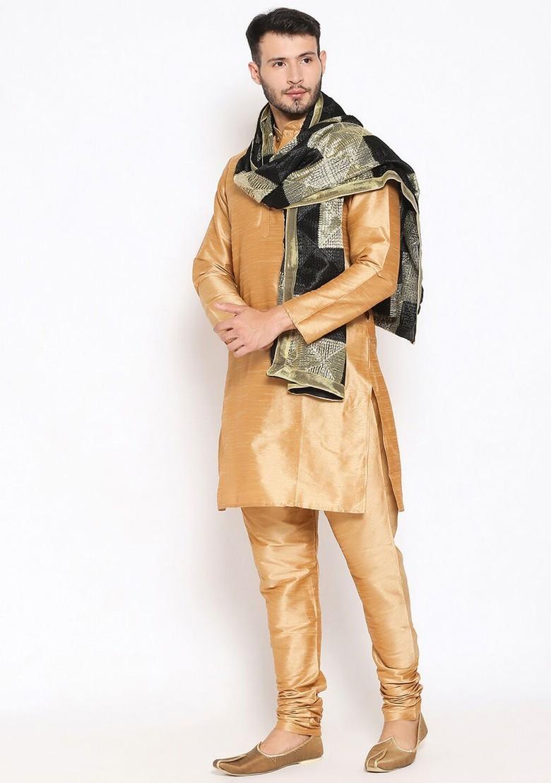 Men Black And Gold Toned Embroidered Dupatta With Phulkari