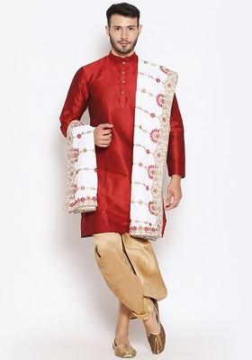 Men White And Gold Coloured Embroidered Velvet Dupatta With Zardozi