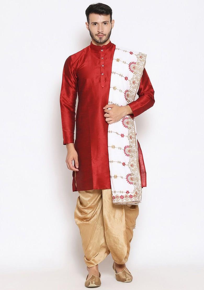 Men White And Gold Coloured Embroidered Velvet Dupatta With Zardozi