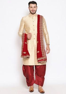 Men Maroon And Gold Toned Embroidered Velvet Dupatta With Zardozi