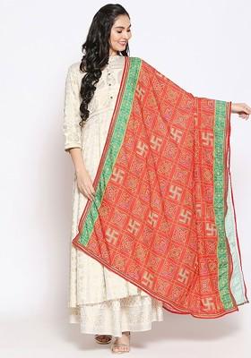 Red And Green Printed Dupatta With Gotta Patti
