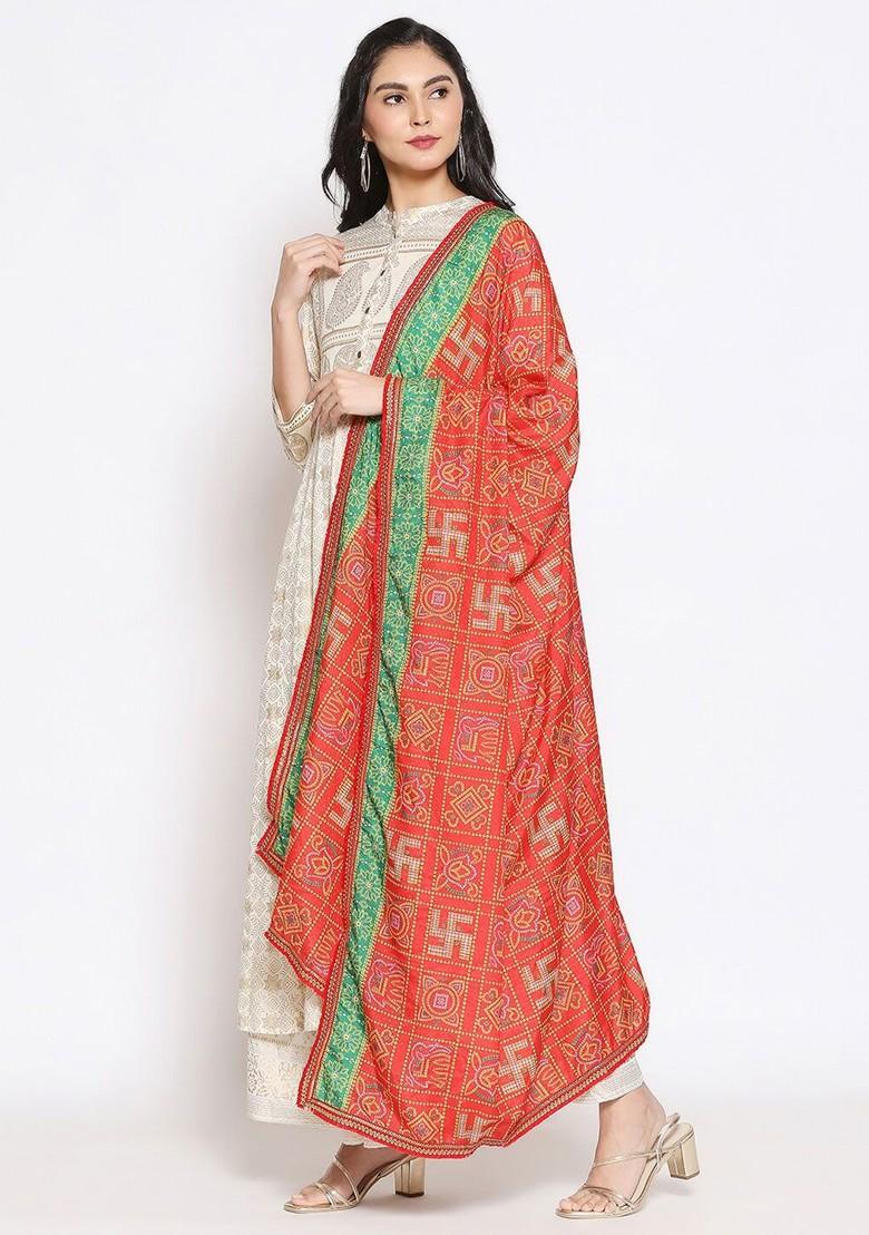 Red And Green Printed Dupatta With Gotta Patti