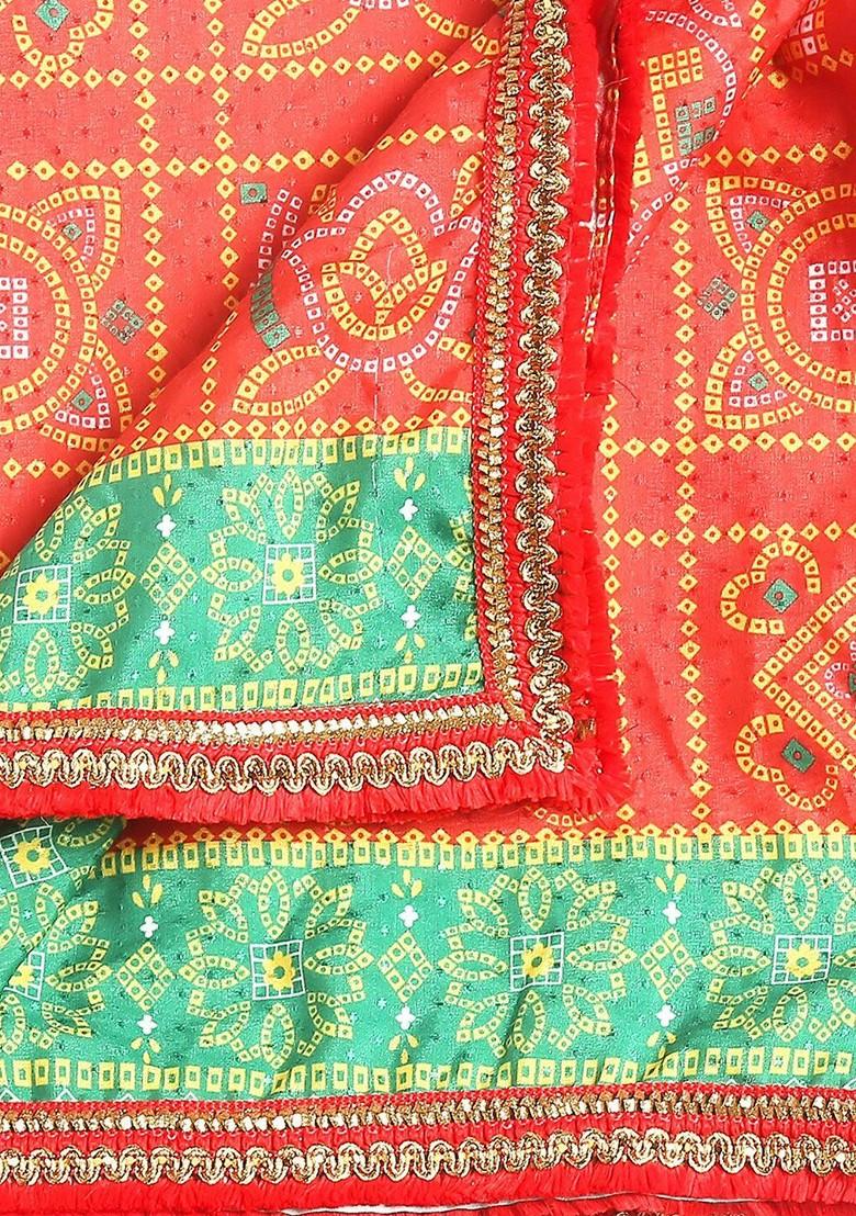 Red And Green Printed Dupatta With Gotta Patti