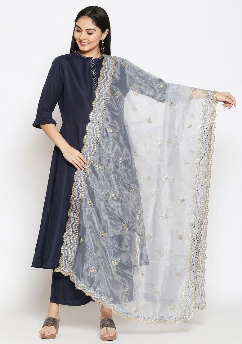 Grey And Gold Toned Ethnic Motifs Embroidered Sequinned Organza Dupatta