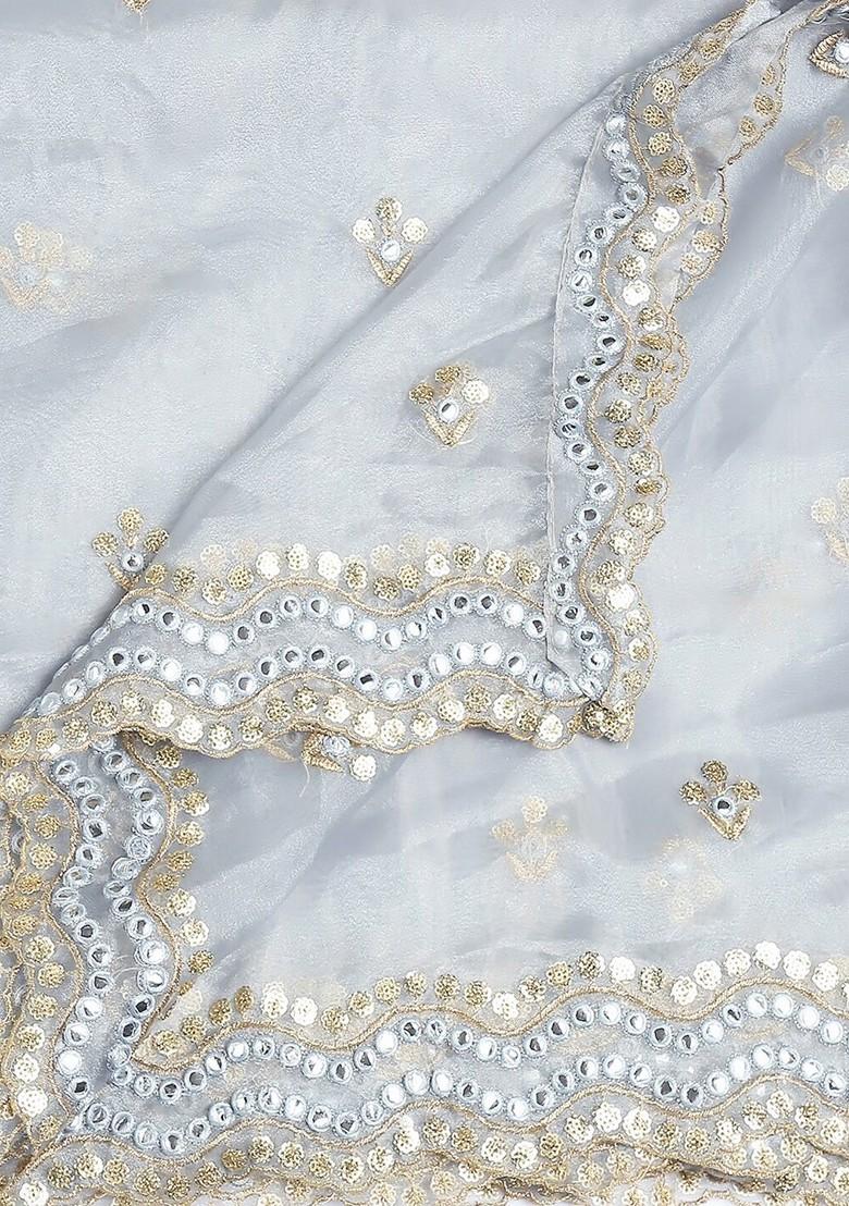 Grey And Gold Toned Ethnic Motifs Embroidered Sequinned Organza Dupatta