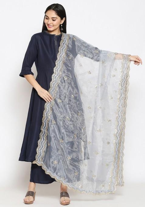 Grey And Gold Toned Ethnic Motifs Embroidered Sequinned Organza Dupatta