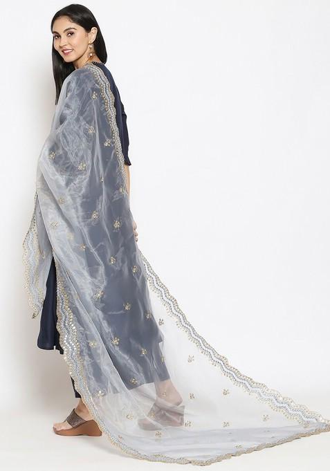 Grey And Gold Toned Ethnic Motifs Embroidered Sequinned Organza Dupatta