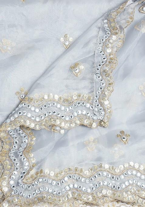Grey And Gold Toned Ethnic Motifs Embroidered Sequinned Organza Dupatta