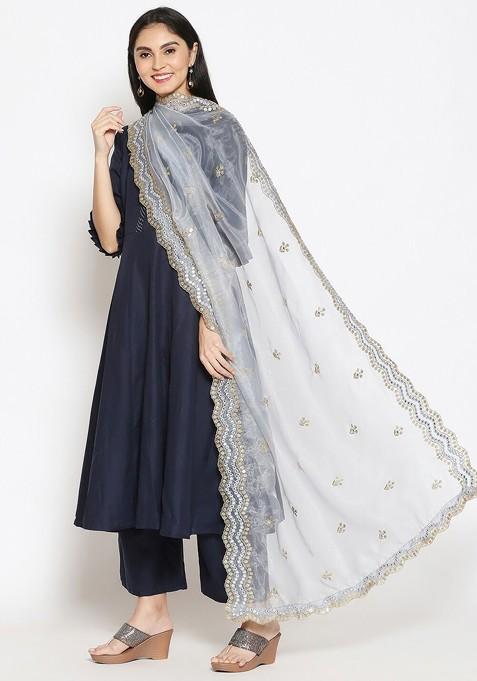 Grey And Gold Toned Ethnic Motifs Embroidered Sequinned Organza Dupatta