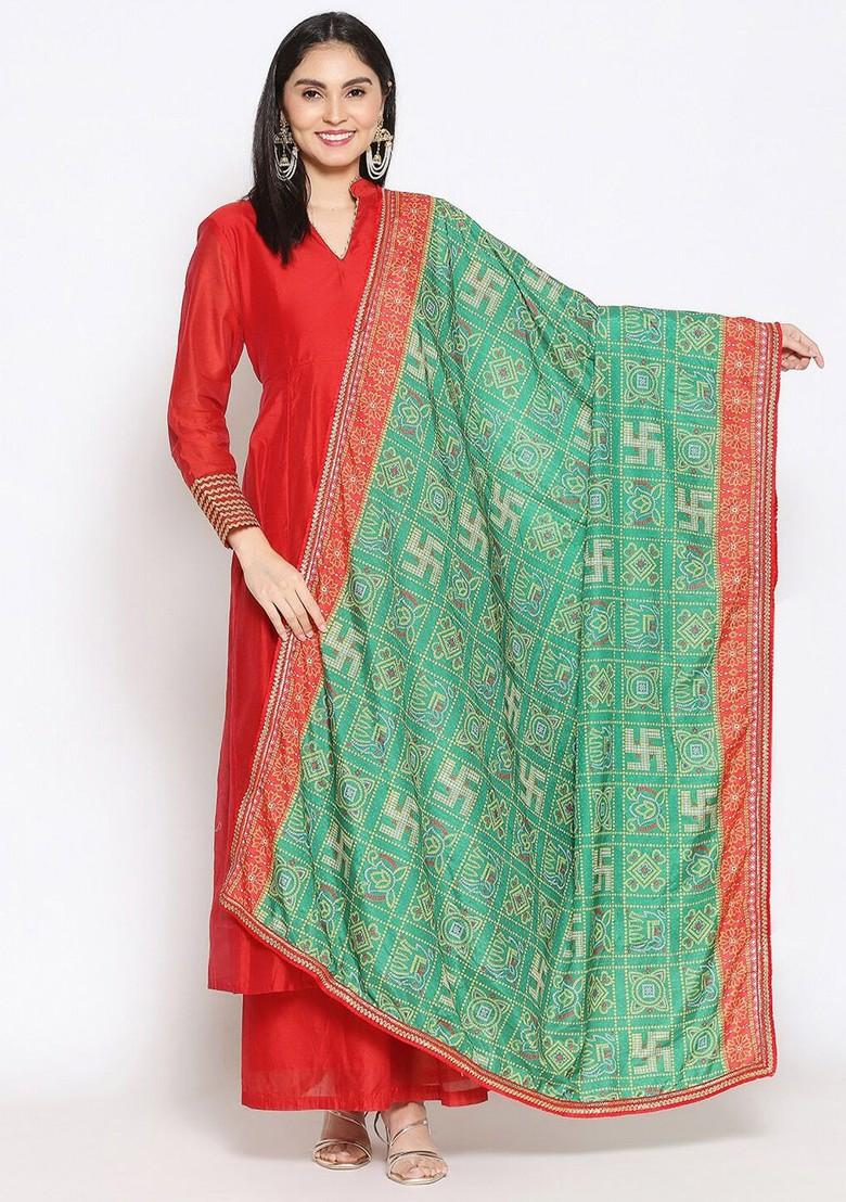 Green And Red Printed Dupatta With Gotta Patti