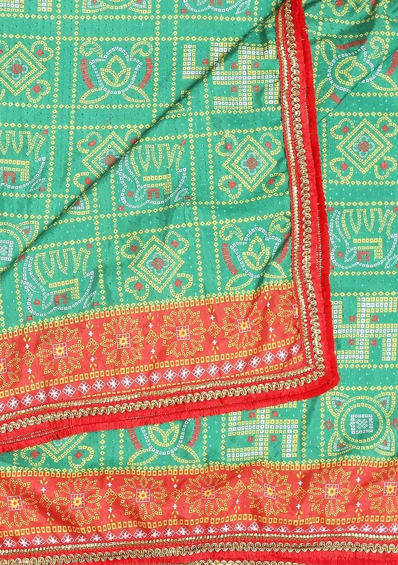 Green And Red Printed Dupatta With Gotta Patti