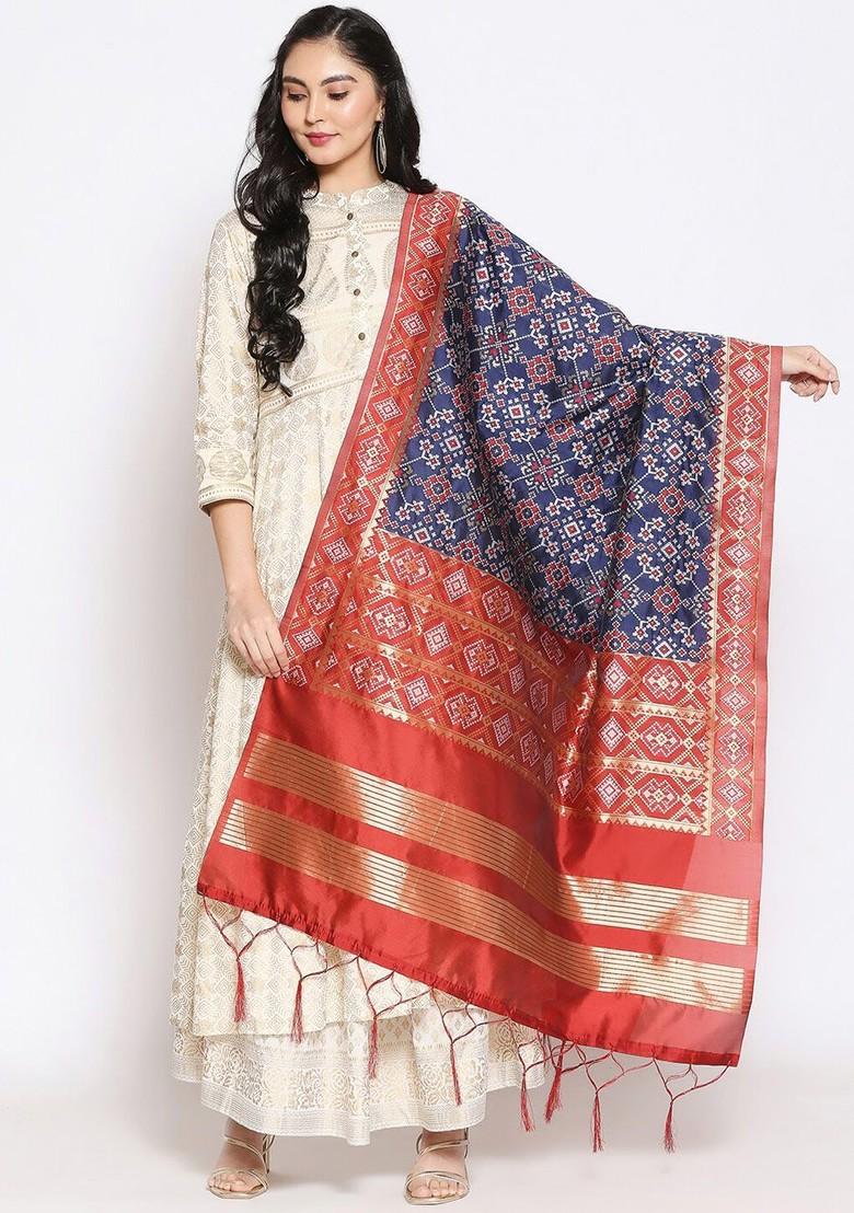 Navy Blue And Red Ethnic Motifs Woven Design Dupatta