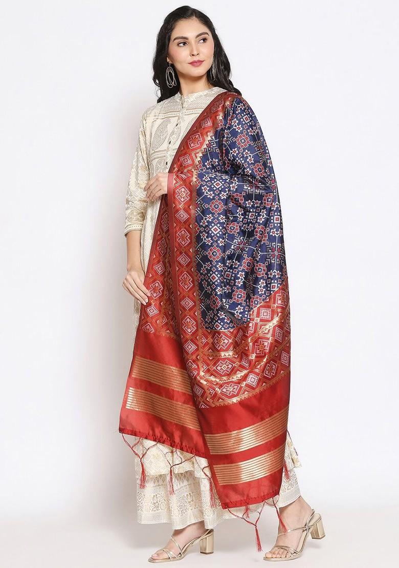 Navy Blue And Red Ethnic Motifs Woven Design Dupatta