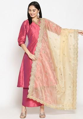 Gold Toned Ethnic Motifs Embroidered Organza Dupatta With Sequinned