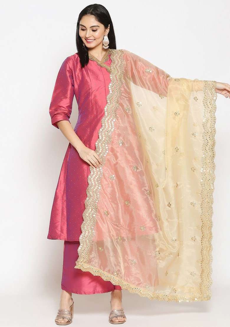 Gold Toned Ethnic Motifs Embroidered Organza Dupatta With Sequinned - Indya