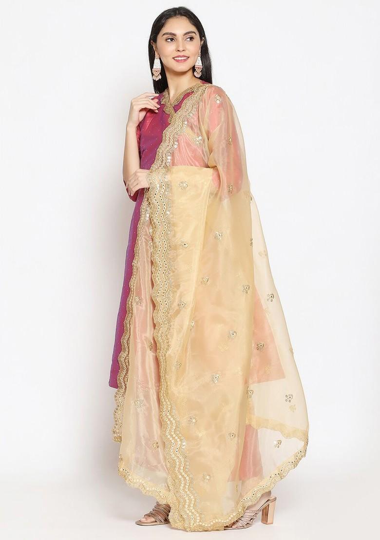 Gold Toned Ethnic Motifs Embroidered Organza Dupatta With Sequinned