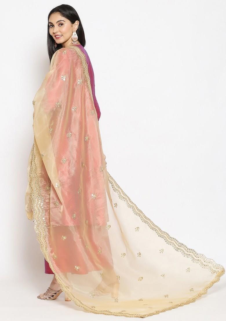 Gold Toned Ethnic Motifs Embroidered Organza Dupatta With Sequinned