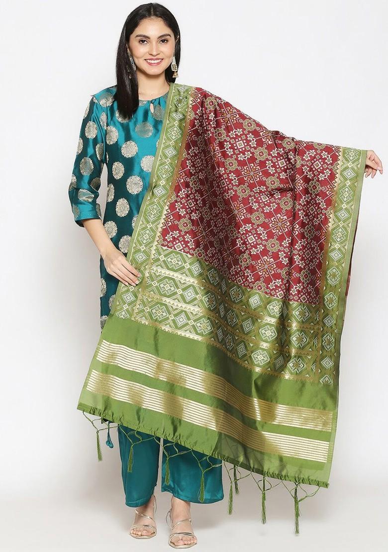 Women Maroon And Green Ethnic Motifs Woven Design Banarasi Dupatta