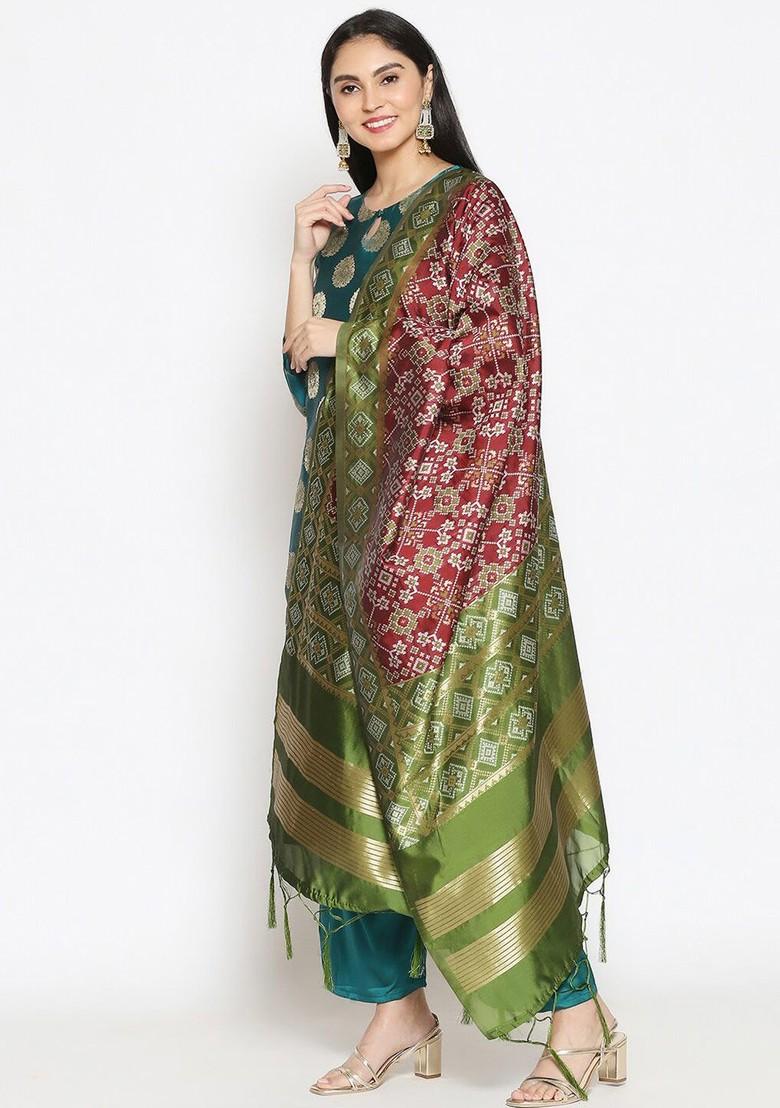 Women Maroon And Green Ethnic Motifs Woven Design Banarasi Dupatta
