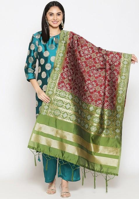 Women Maroon And Green Ethnic Motifs Woven Design Banarasi Dupatta
