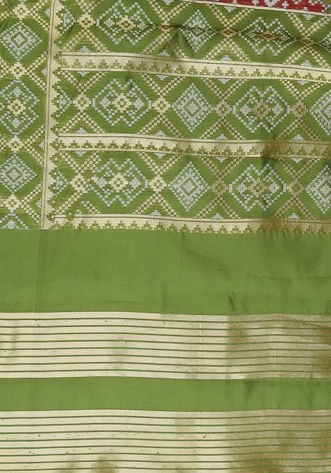 Women Maroon And Green Ethnic Motifs Woven Design Banarasi Dupatta