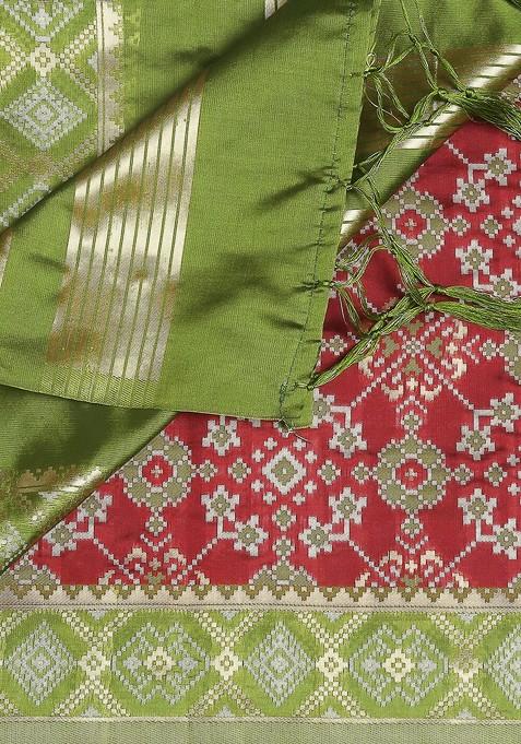 Women Maroon And Green Ethnic Motifs Woven Design Banarasi Dupatta