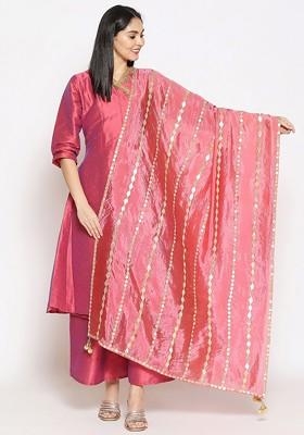 Rose And Gold Toned Ethnic Motifs Embroidered Dupatta With Gotta Patti