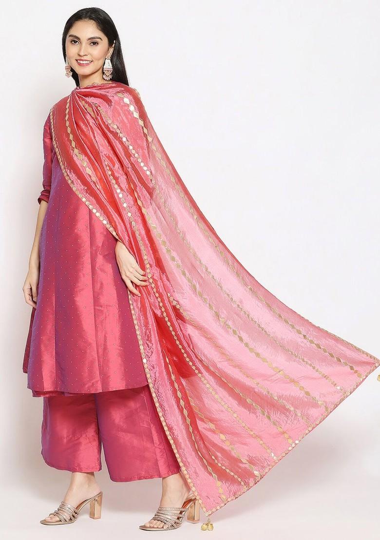 Rose And Gold Toned Ethnic Motifs Embroidered Dupatta With Gotta Patti