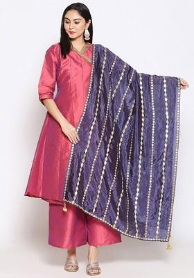 Navy Blue And Gold Toned Embroidered Dupatta With Gotta Patti