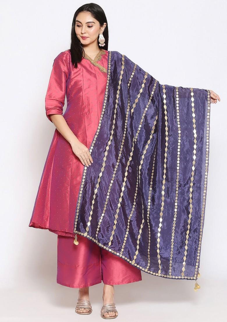 Navy Blue And Gold Toned Embroidered Dupatta With Gotta Patti