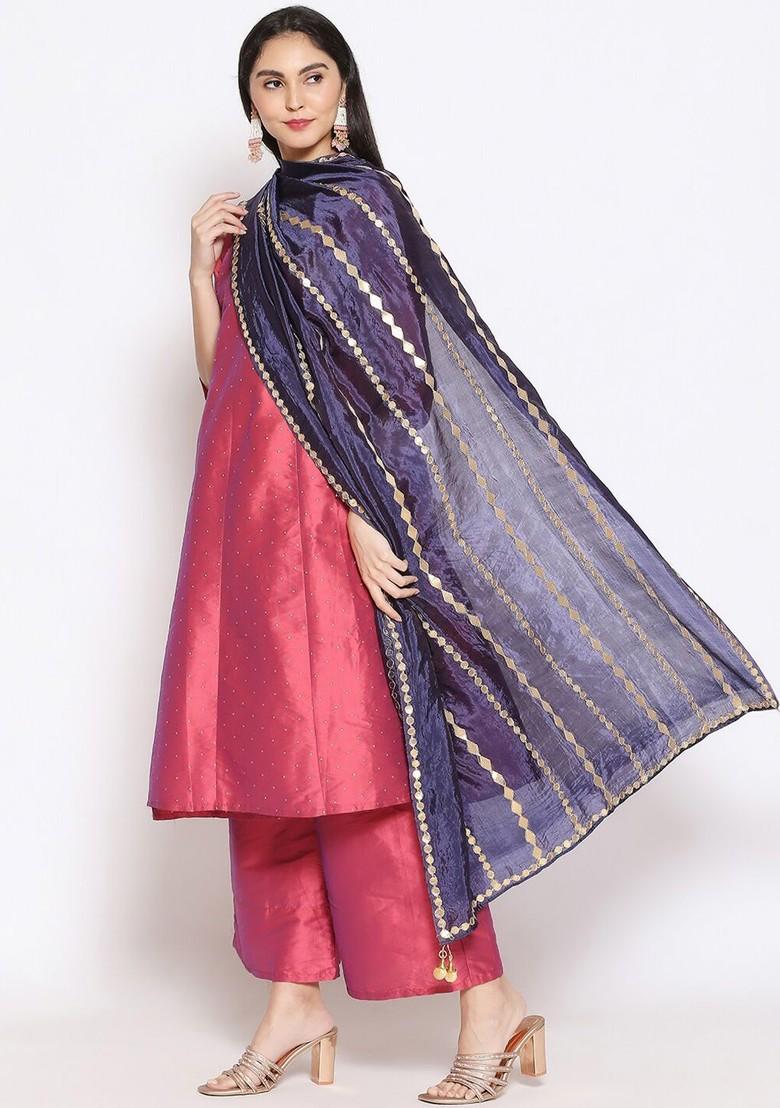 Navy Blue And Gold Toned Embroidered Dupatta With Gotta Patti