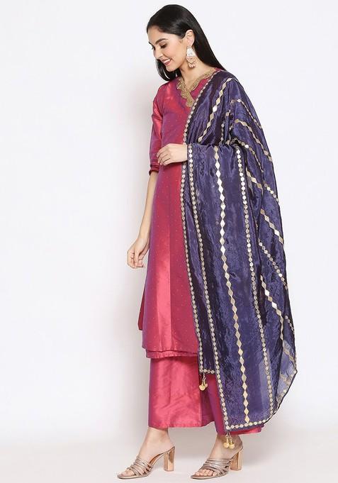 Navy Blue And Gold Toned Embroidered Dupatta With Gotta Patti