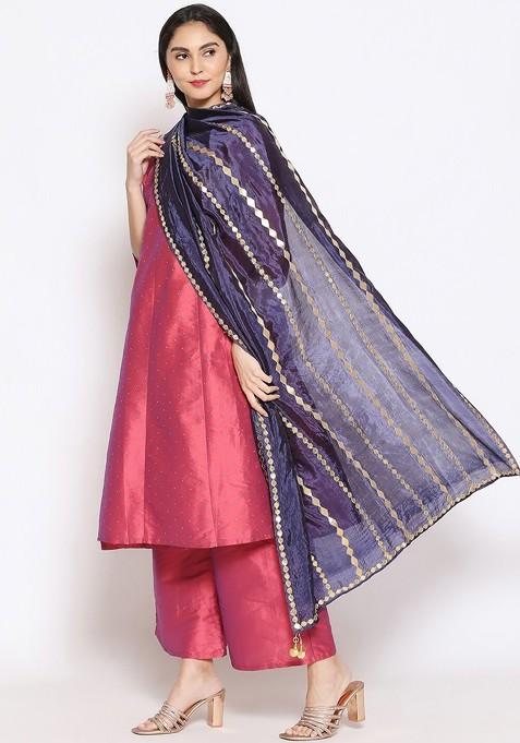 Navy Blue And Gold Toned Embroidered Dupatta With Gotta Patti