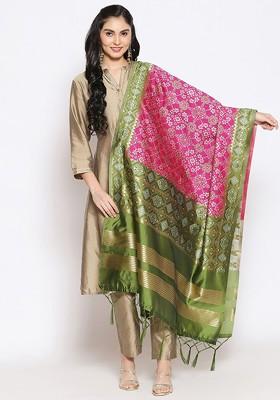 Pink And Green Ethnic Motifs Woven Design Dupatta With Zari