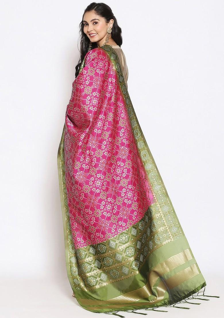 Pink And Green Ethnic Motifs Woven Design Dupatta With Zari