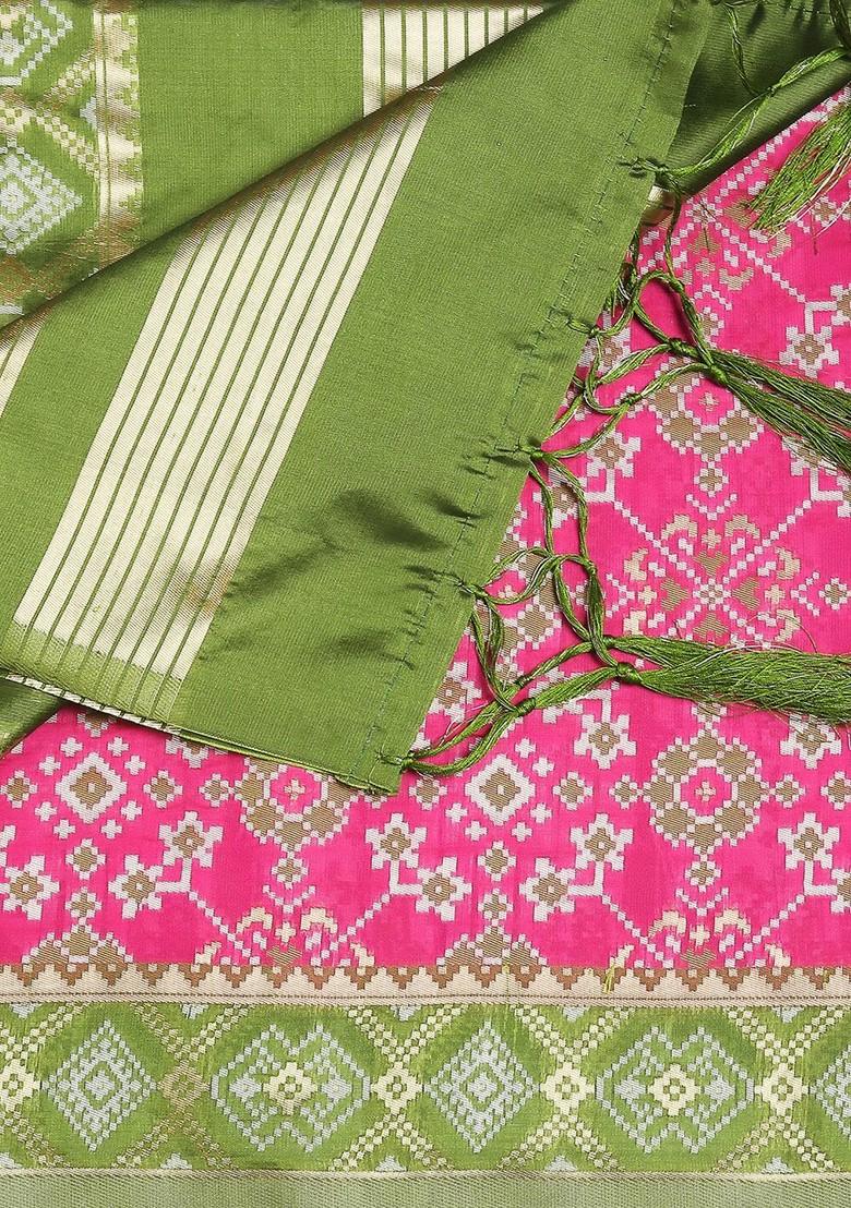 Pink And Green Ethnic Motifs Woven Design Dupatta With Zari