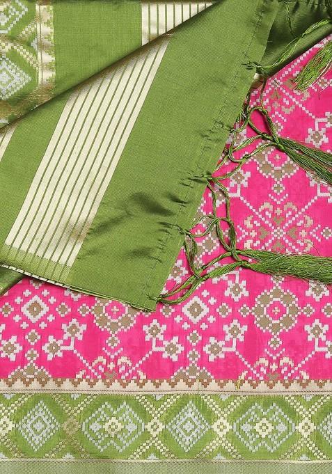 Pink And Green Ethnic Motifs Woven Design Dupatta With Zari